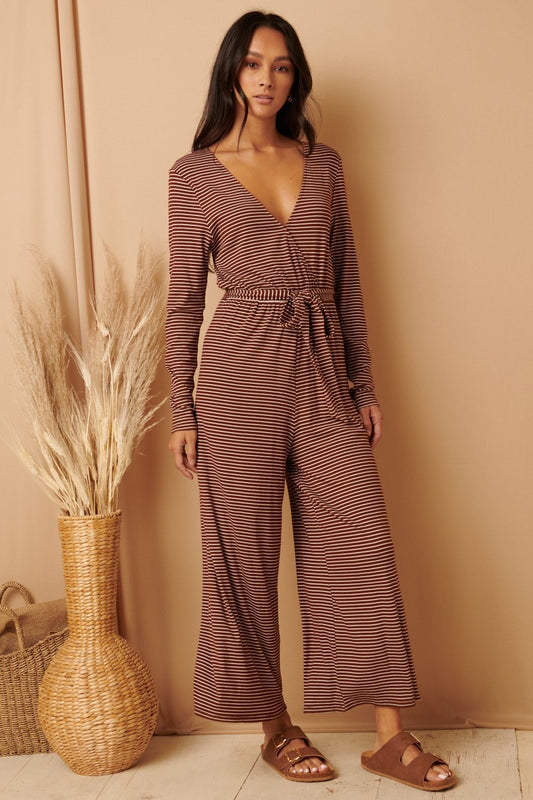Stripe Jumpsuit with Tie in Cocoa