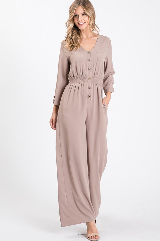 3/4 Sleeve Button Down Jumpsuit