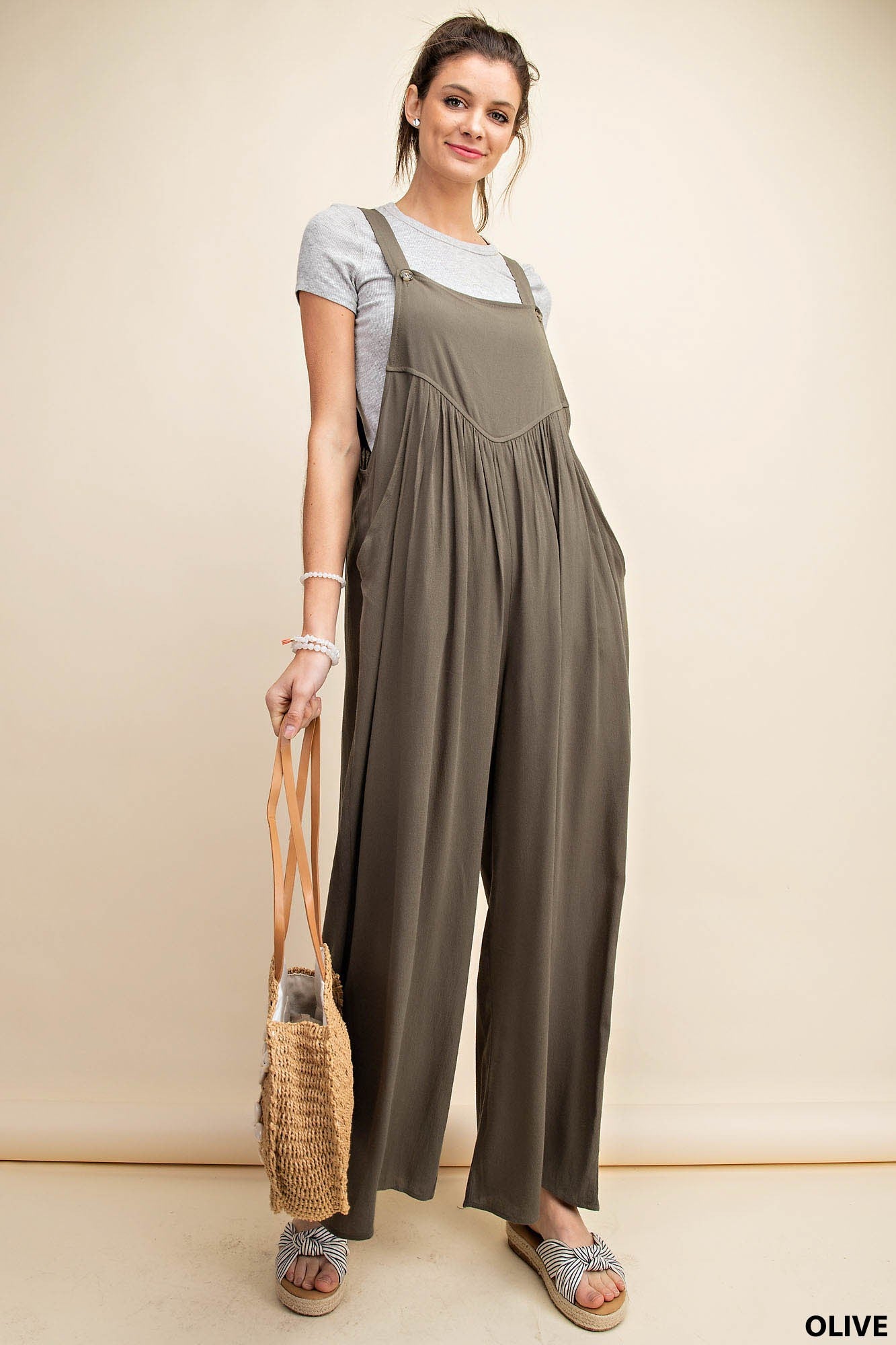 Shirring Detail Overalls in Olive