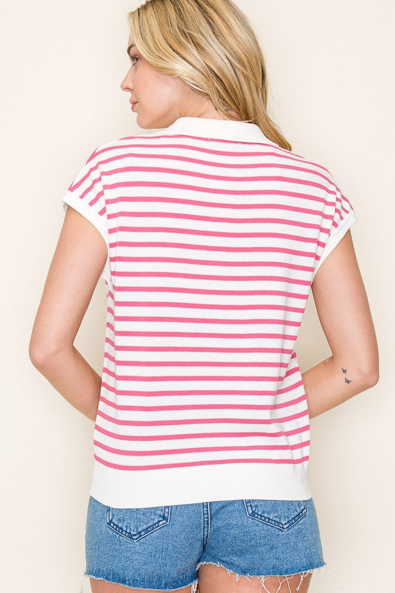 Pink Stripe Johnny Collar Top