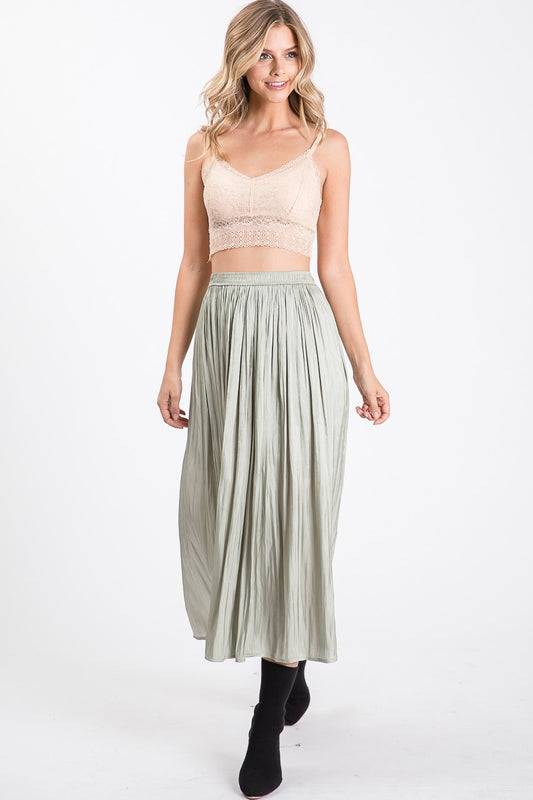 Satin High Waist Midi Skirt in Sage