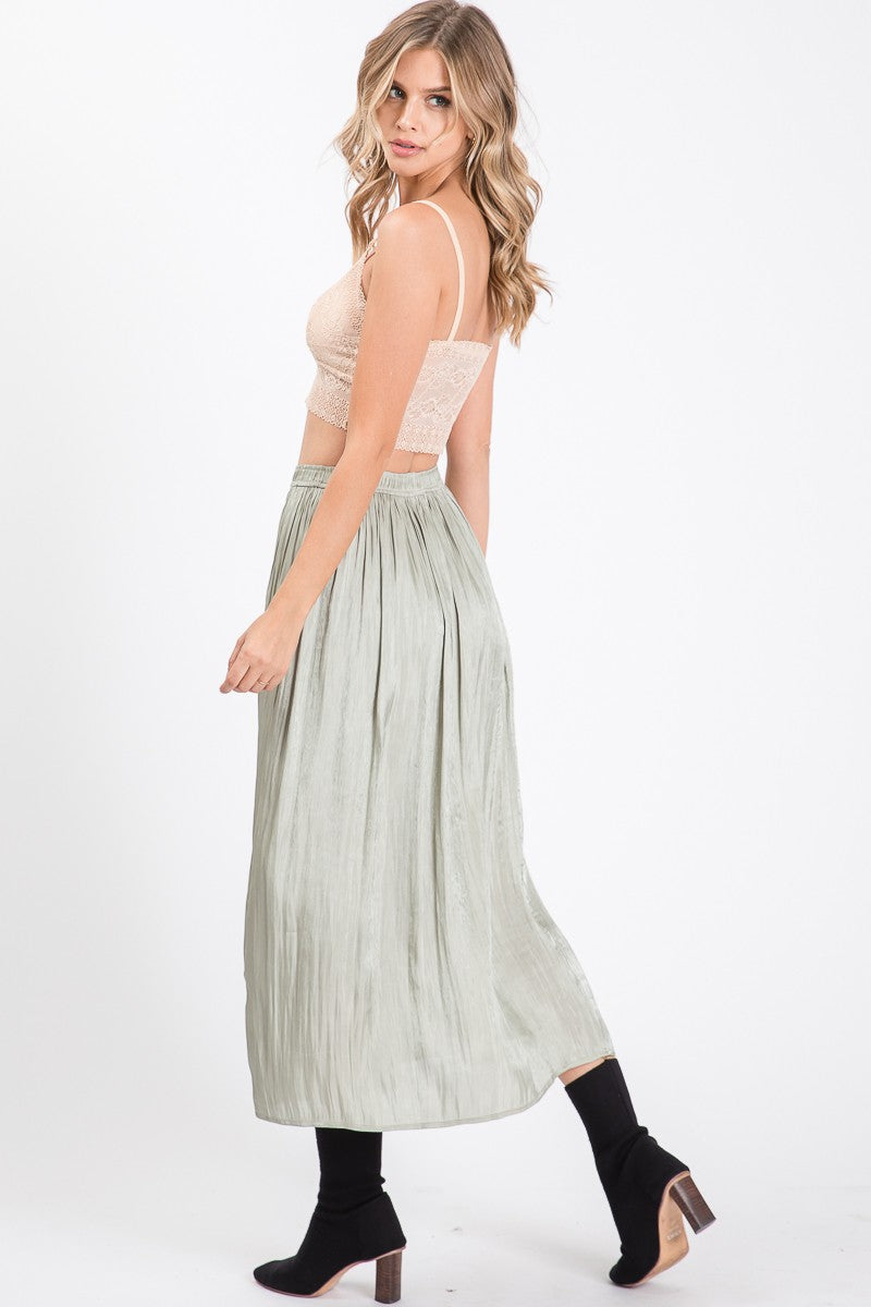 Satin High Waist Midi Skirt in Sage