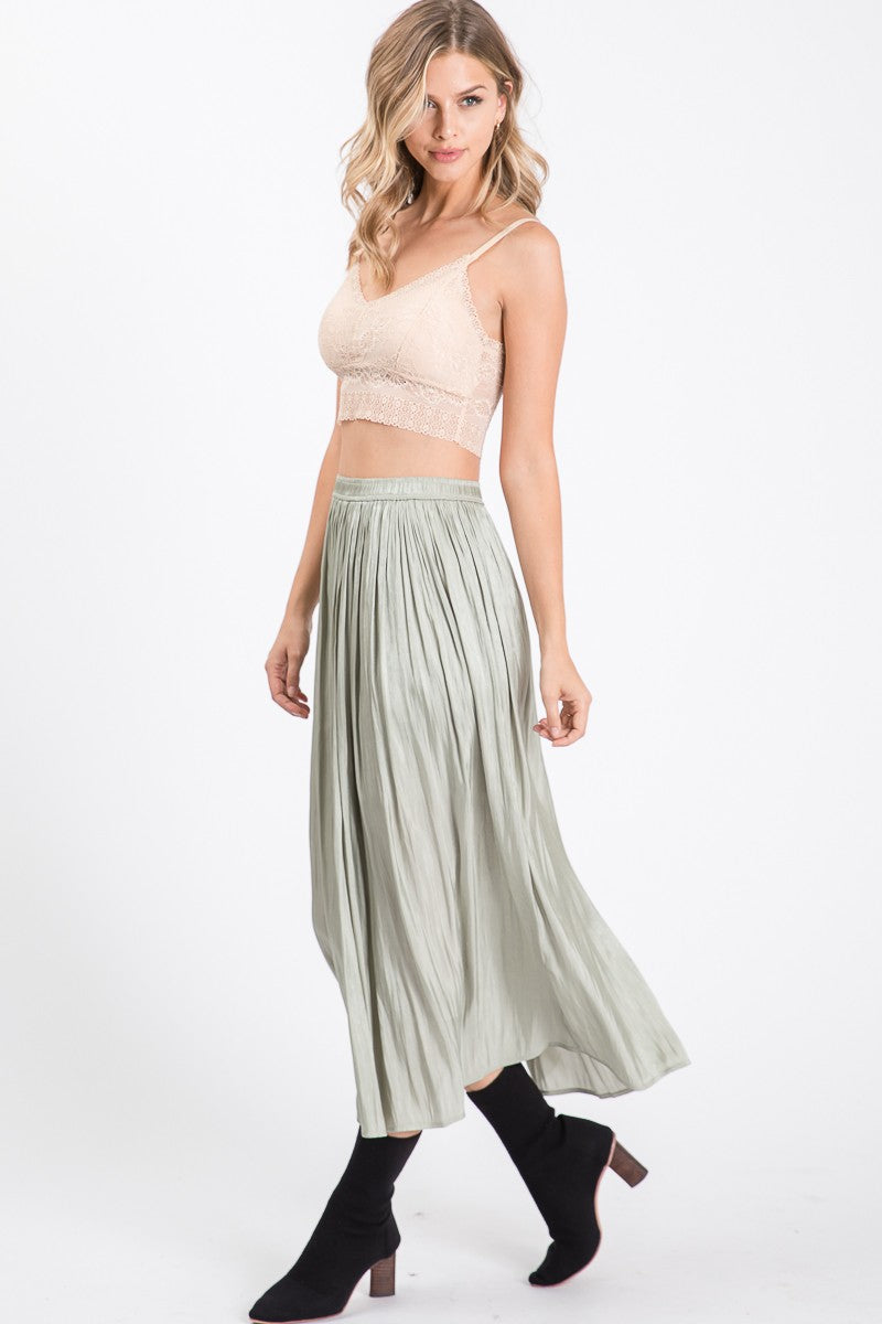 Satin High Waist Midi Skirt in Sage