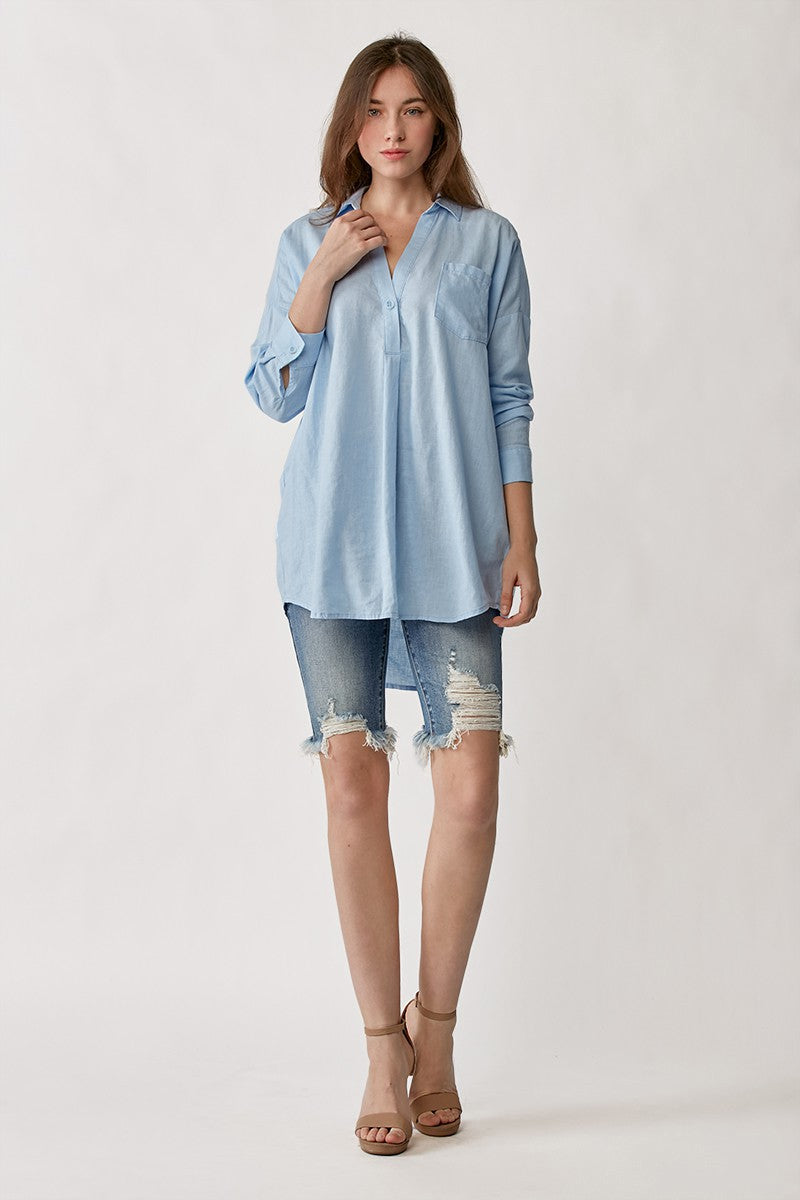 Oversized Popover Linen Shirt in Blue