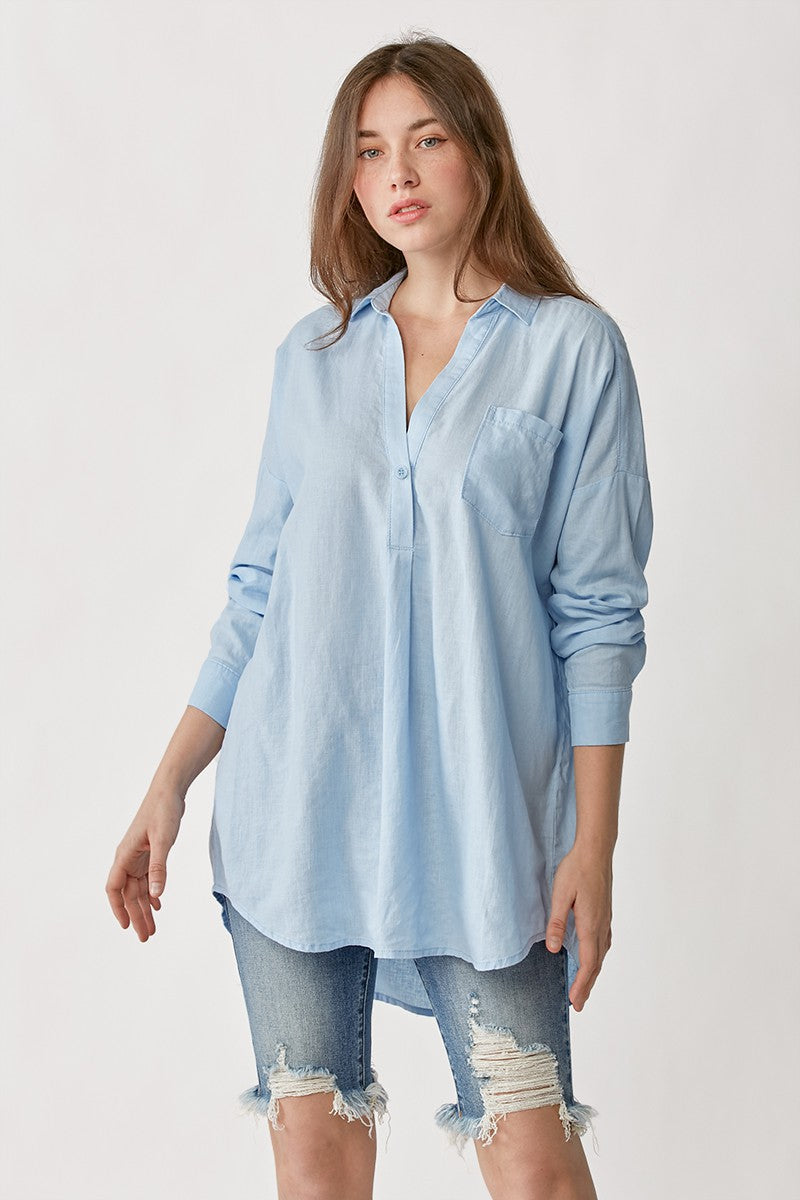 Oversized Popover Linen Shirt in Blue