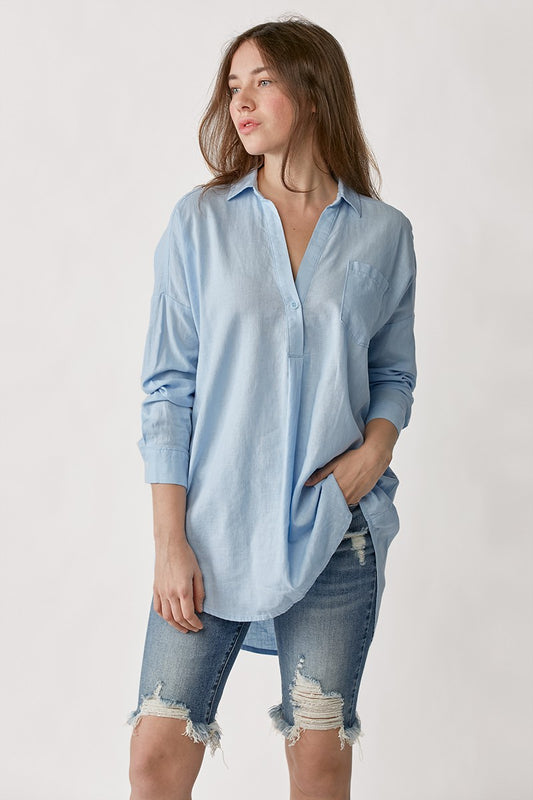 Oversized Popover Linen Shirt in Blue