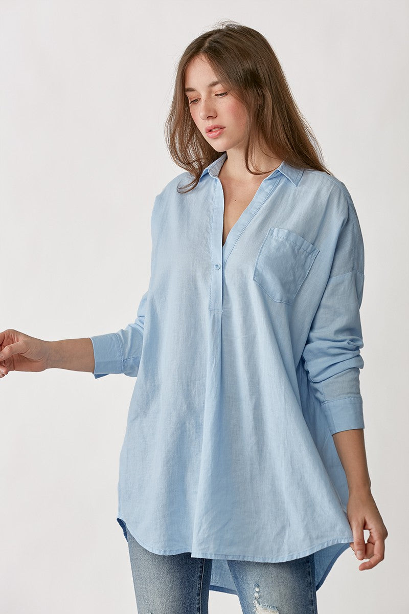 Oversized Popover Linen Shirt in Blue