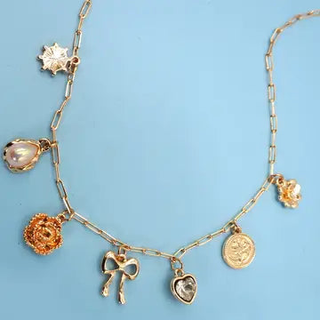 Bow Heart Flower Charm Necklace