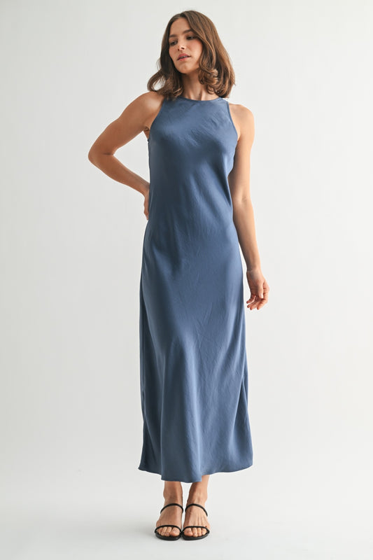 Satin Maxi Dress in Dusty Blue