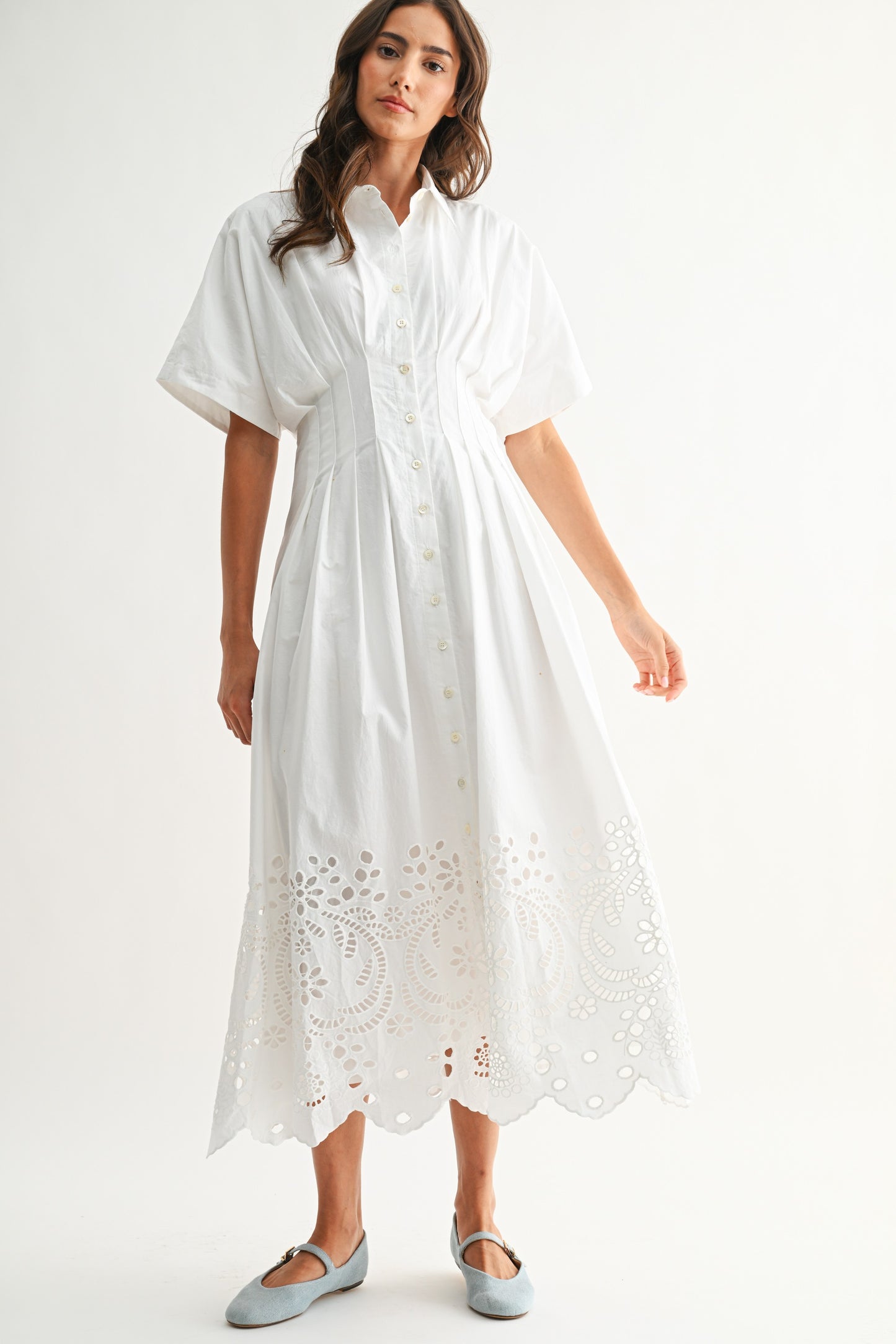 Embroidered White Eyelet Midi Dress