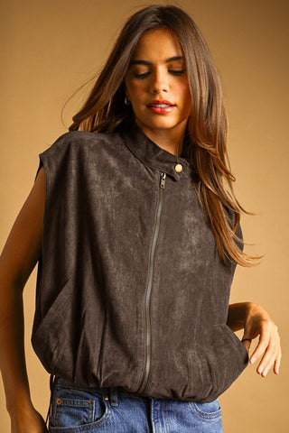 Faux Suede Zipper Front Vest Jacket in Charcoal