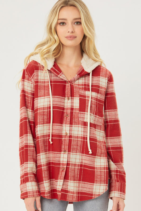 Flannel Plaid Hoodie in Red