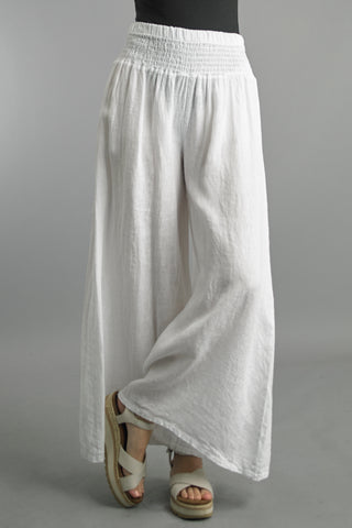 Smocked High Waist Linen Pant in White