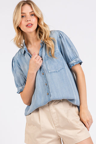 Tencel Puff Sleeve Top in Light Denim