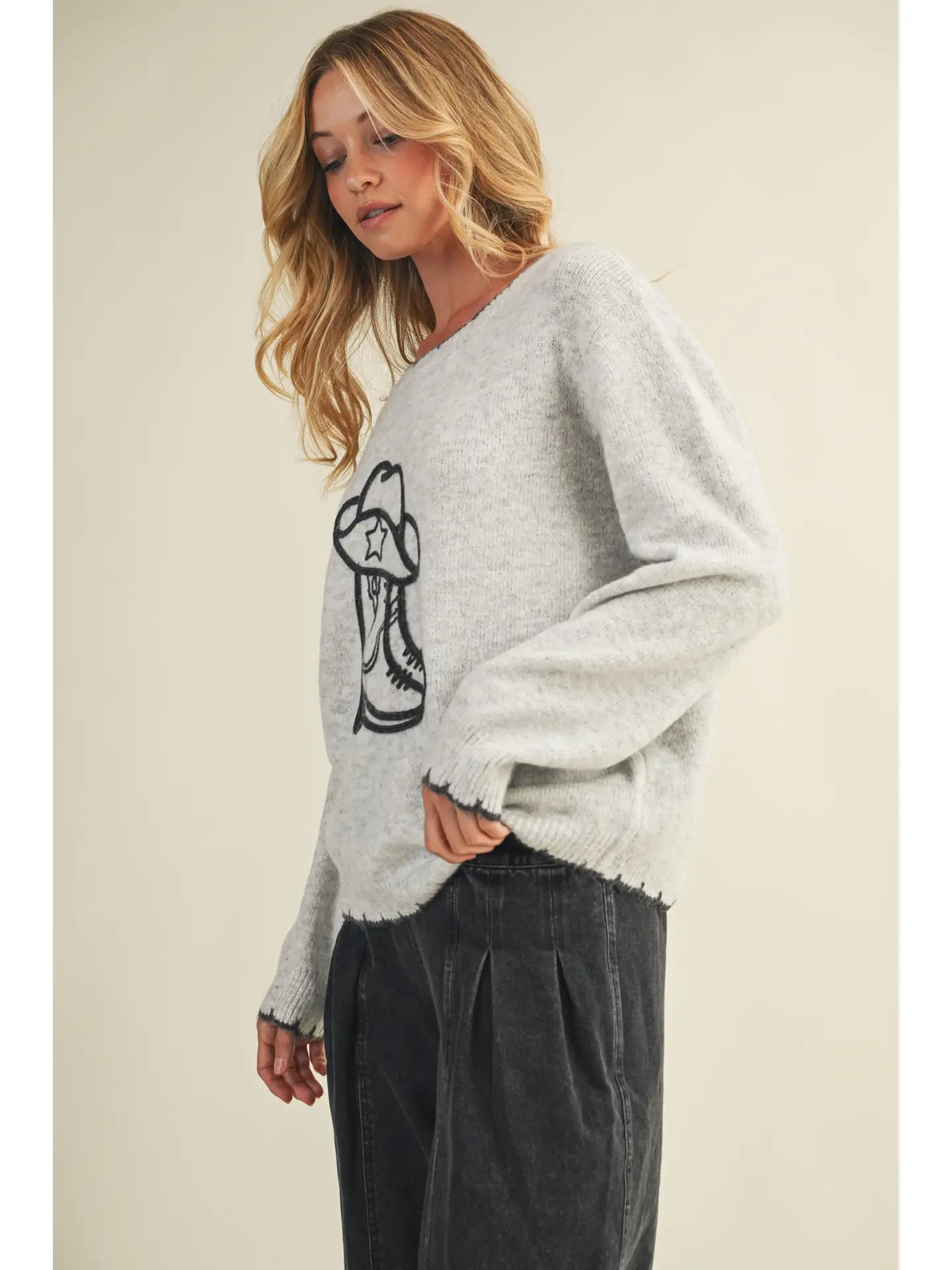 Chain Stitch Edge Sweater in Grey