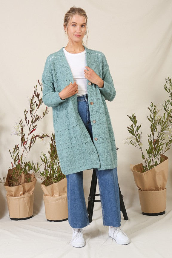 Pointelle Knit Long Cardigan in Sage