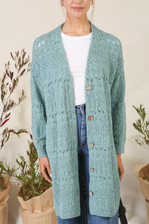 Pointelle Knit Long Cardigan in Sage