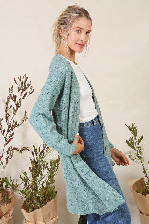Pointelle Knit Long Cardigan in Sage