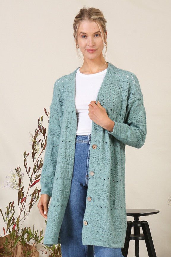 Pointelle Knit Long Cardigan in Sage