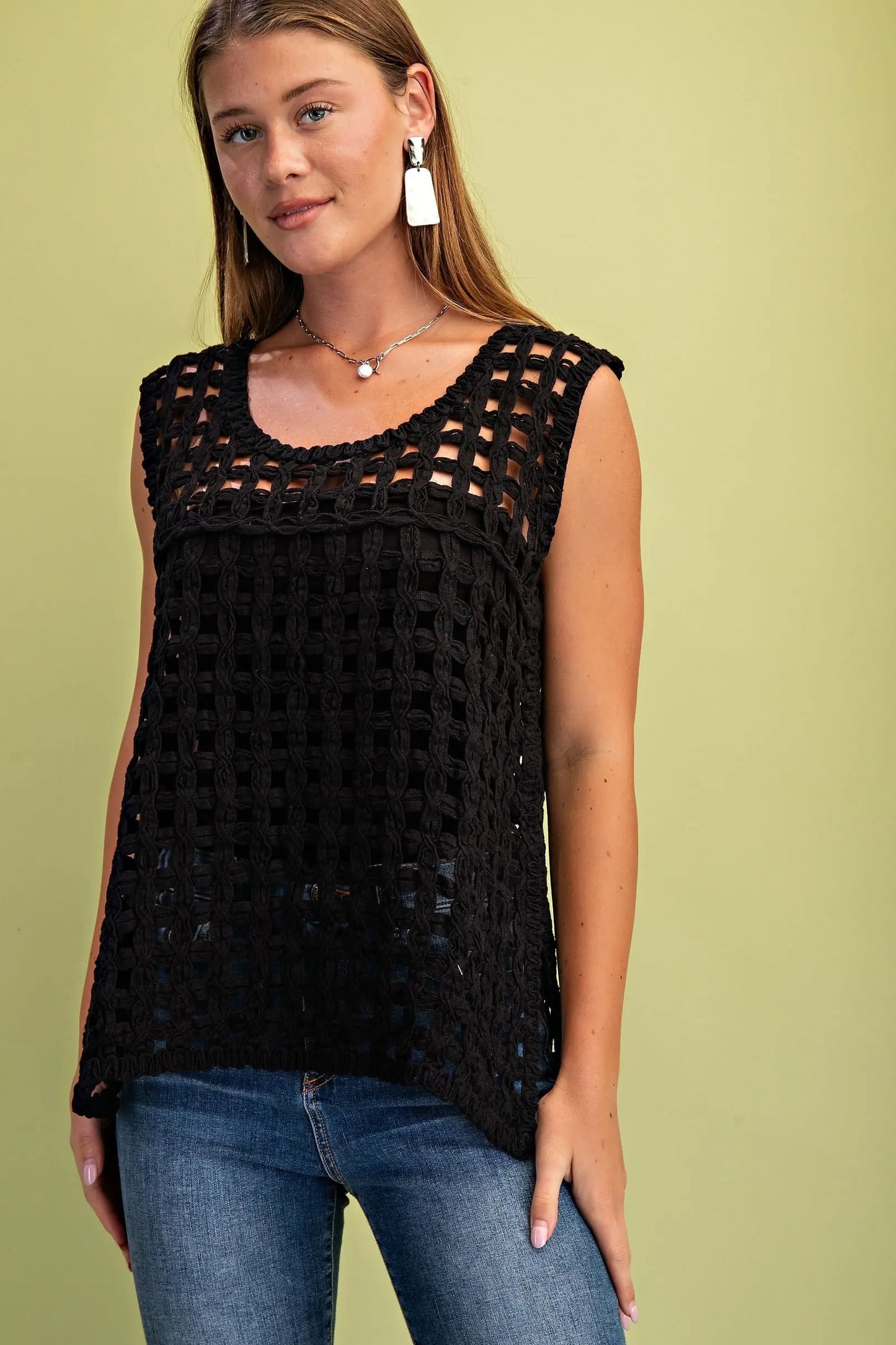 Open Crochet Sleeveless Top in Black