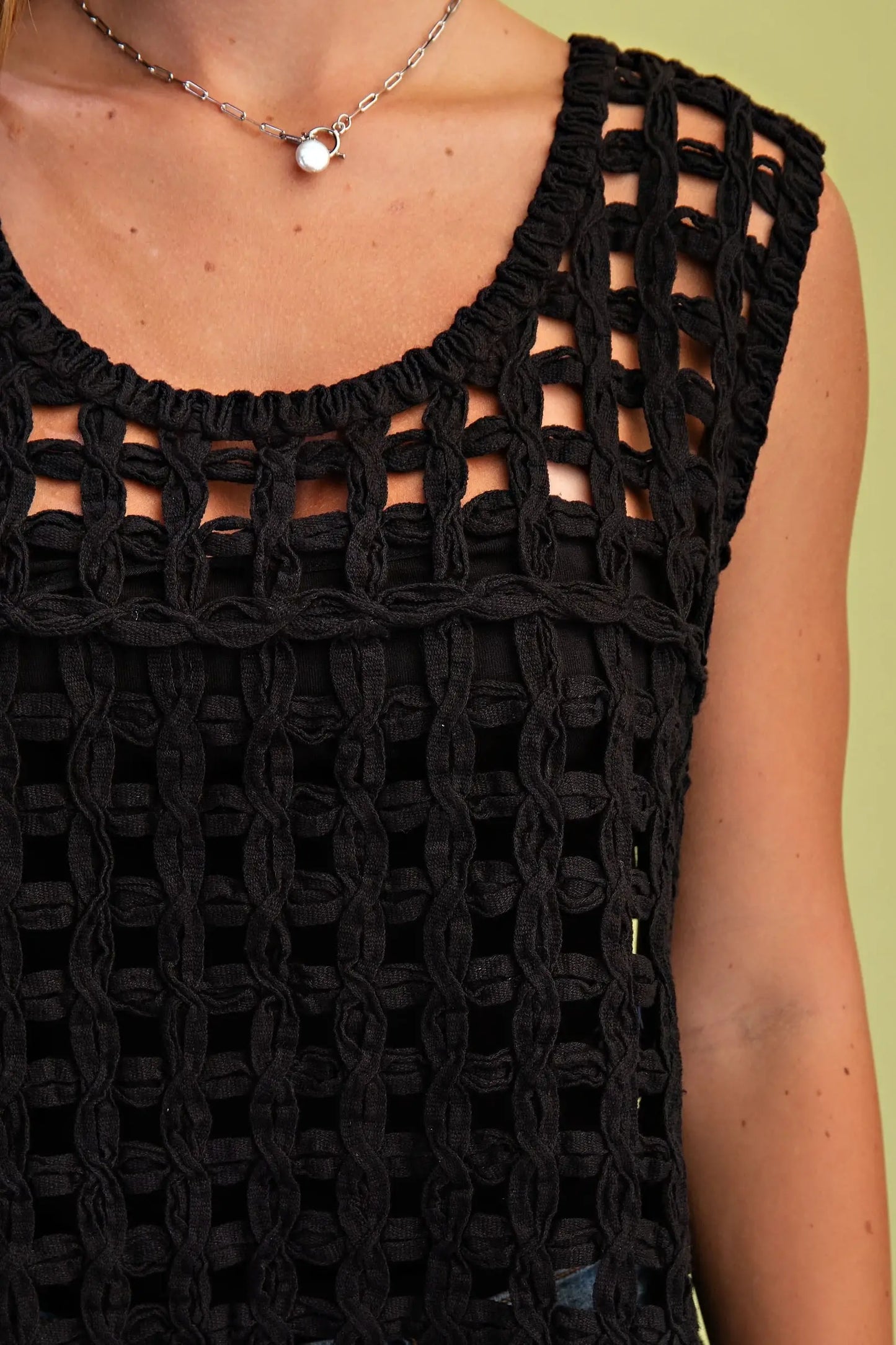 Open Crochet Sleeveless Top in Black
