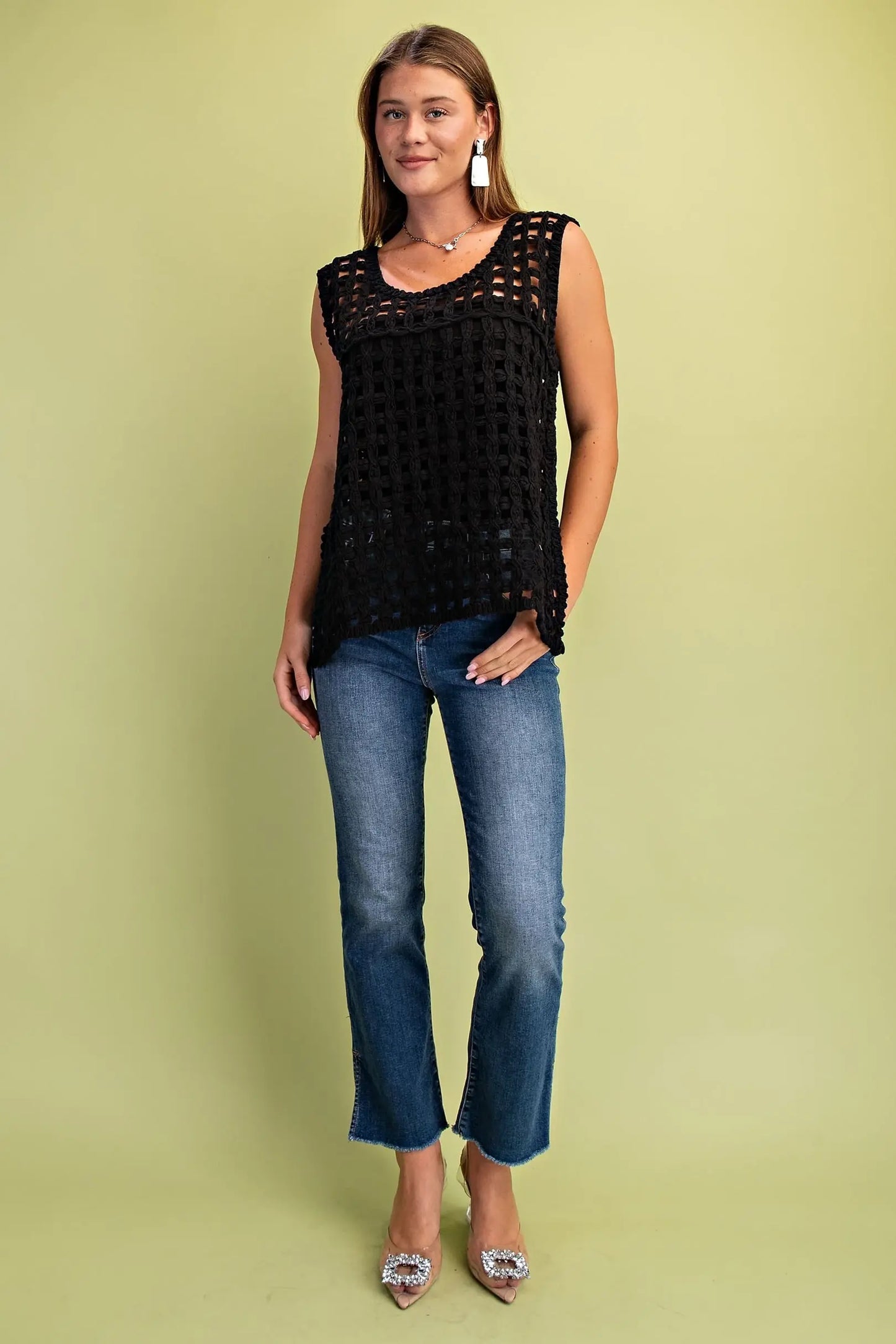 Open Crochet Sleeveless Top in Black