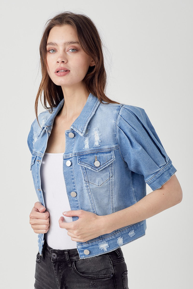 Shirring Sleeve Crop Denim Jacket