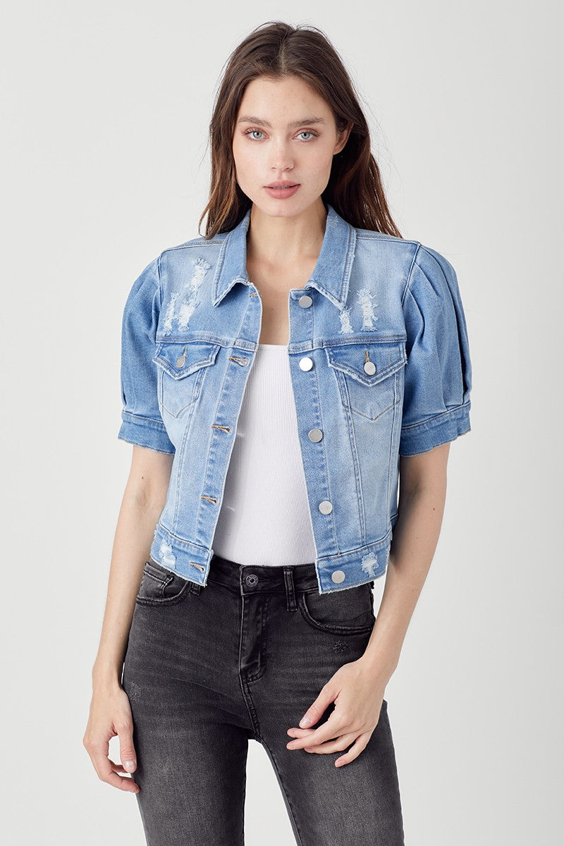 Shirring Sleeve Crop Denim Jacket