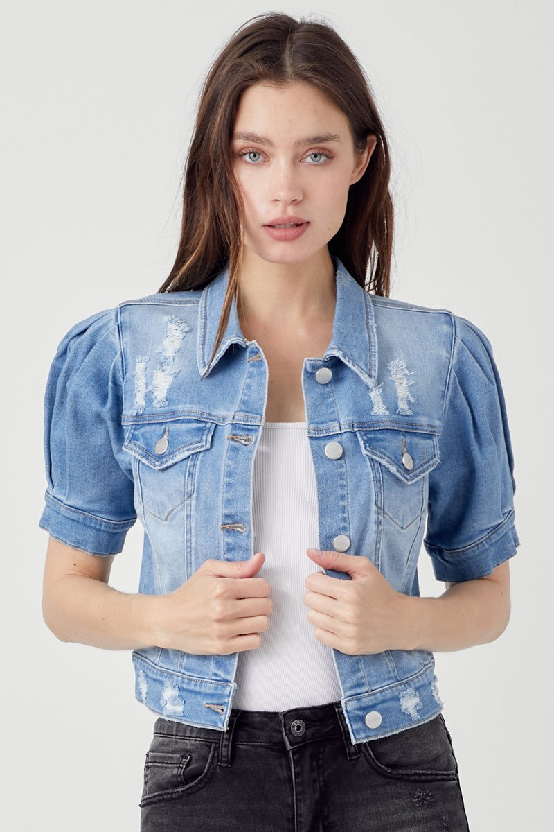 Shirring Sleeve Crop Denim Jacket