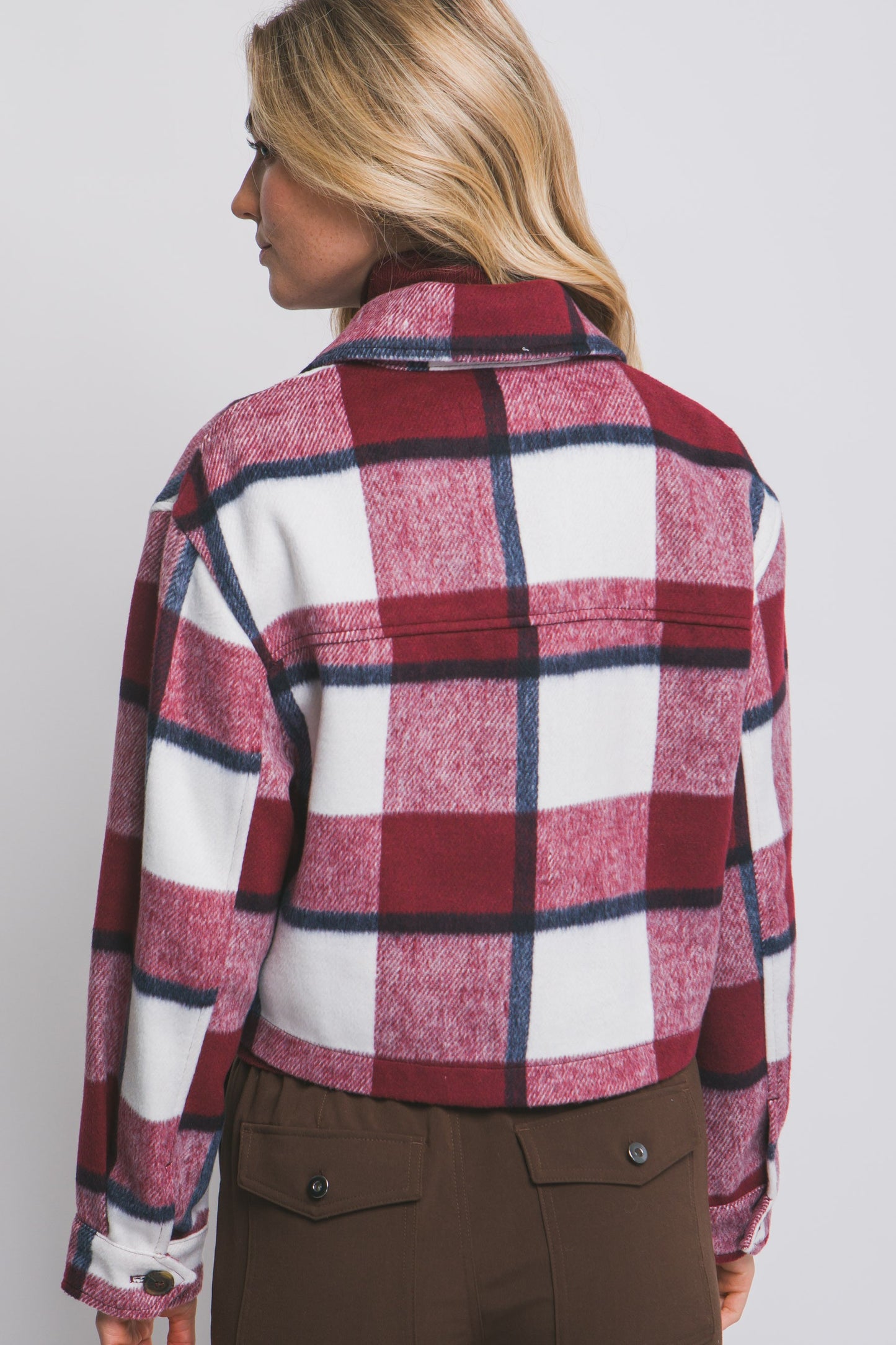 Plaid Cropped Jacket in Burgundy