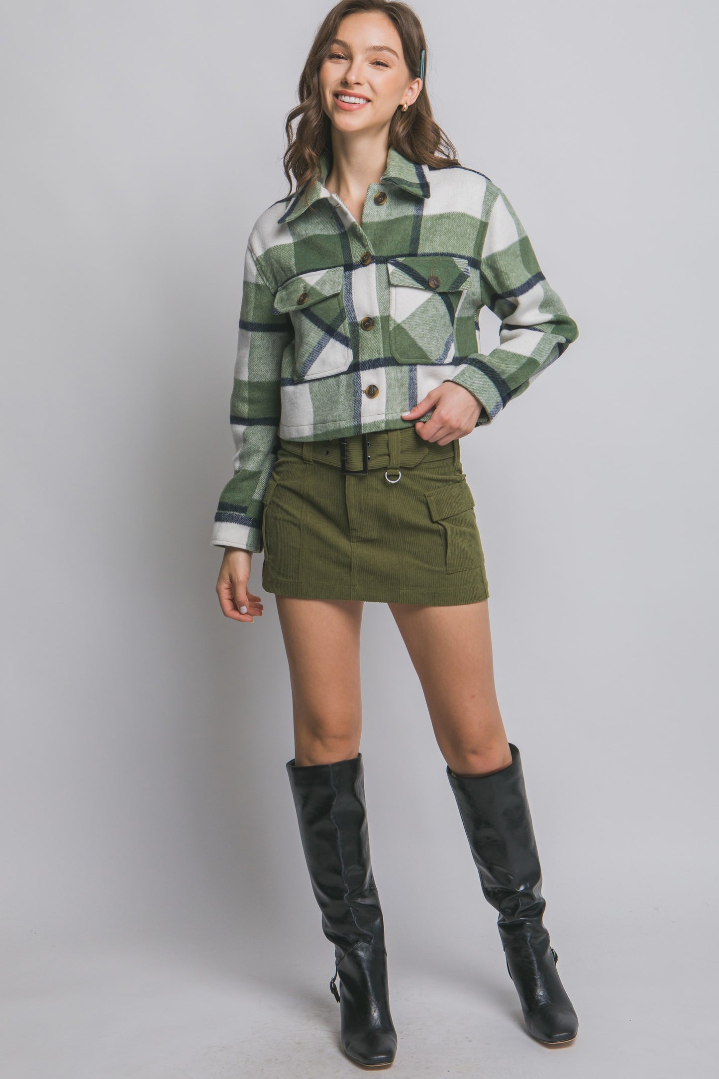 Plaid Cropped Jacket in Olive