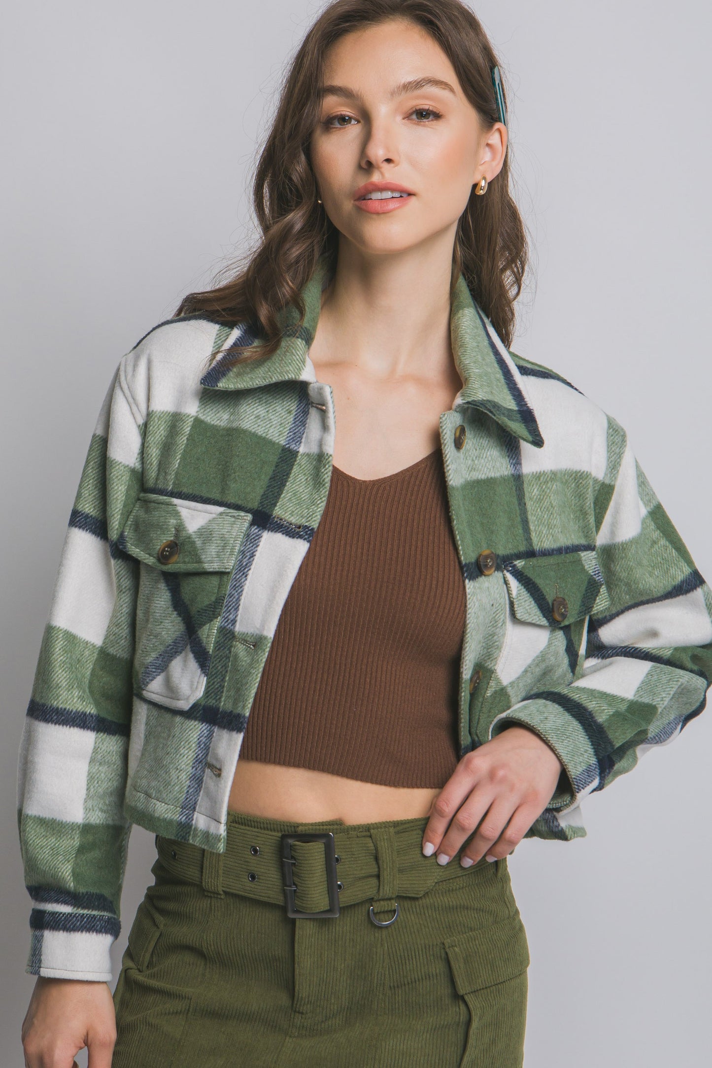 Plaid Cropped Jacket in Olive