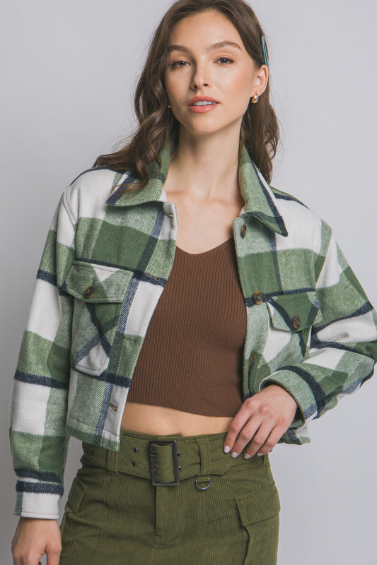 Plaid Cropped Jacket in Olive