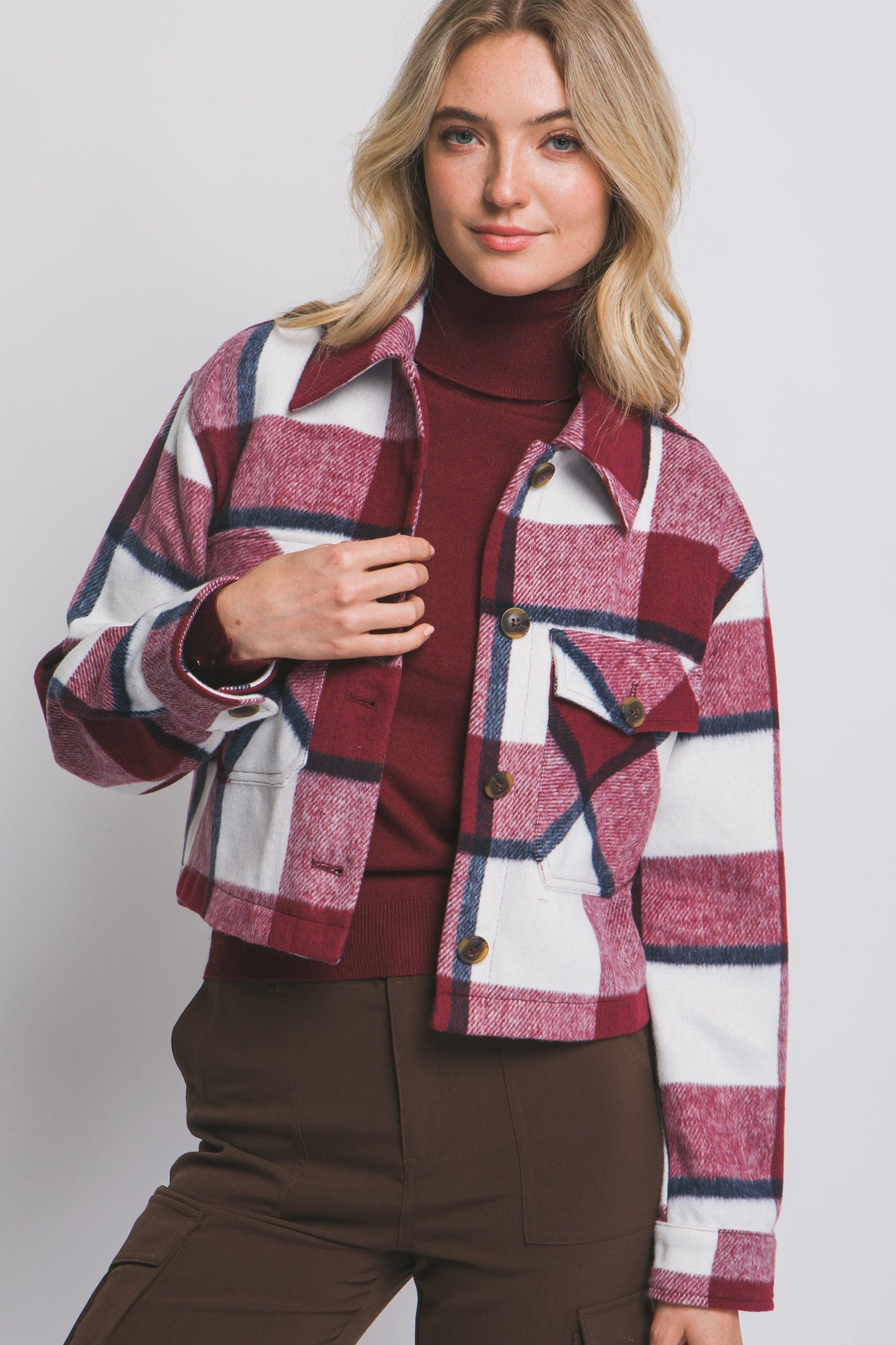 Plaid Cropped Jacket in Burgundy