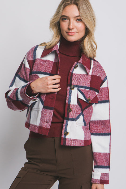 Plaid Cropped Jacket in Burgundy