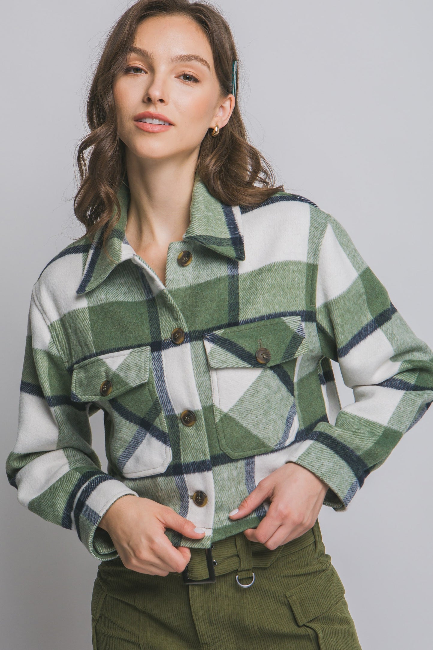 Plaid Cropped Jacket in Olive