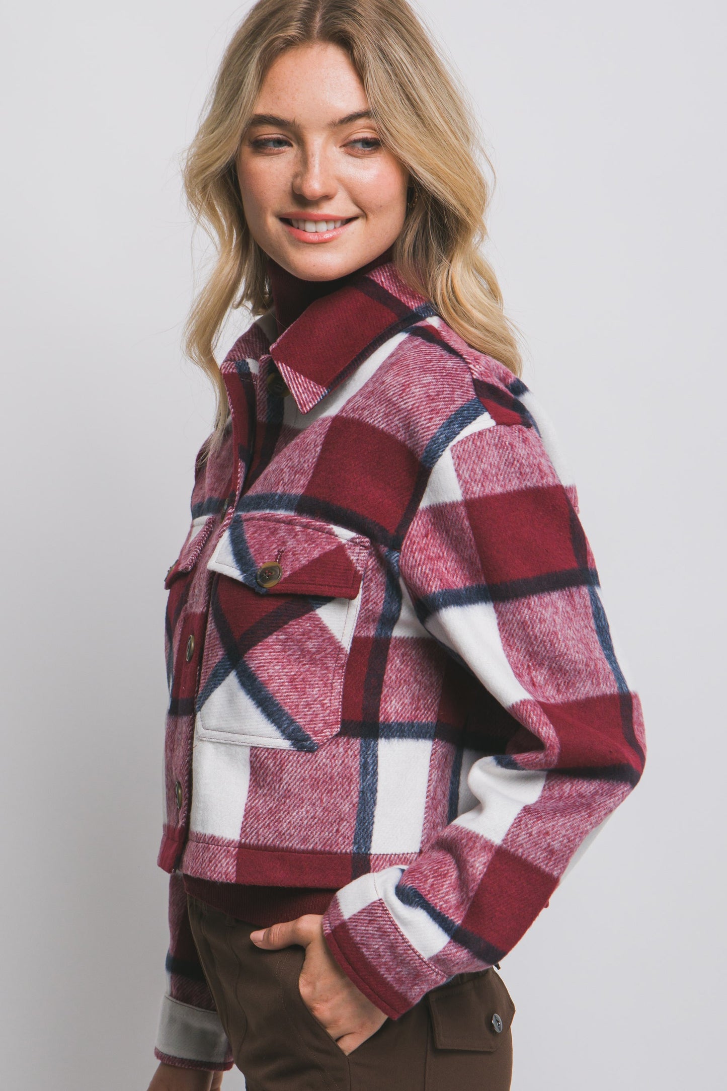 Plaid Cropped Jacket in Burgundy
