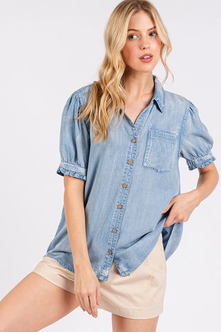 Tencel Puff Sleeve Top in Light Denim