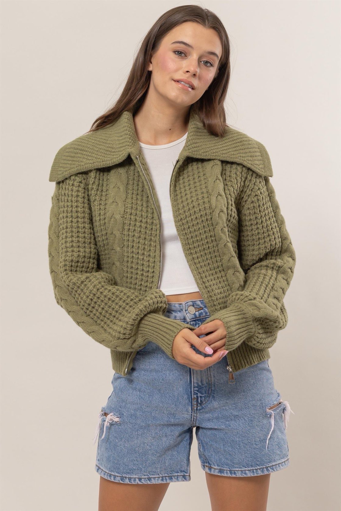 Chunky Front Zip Sweater Jacket in Olive