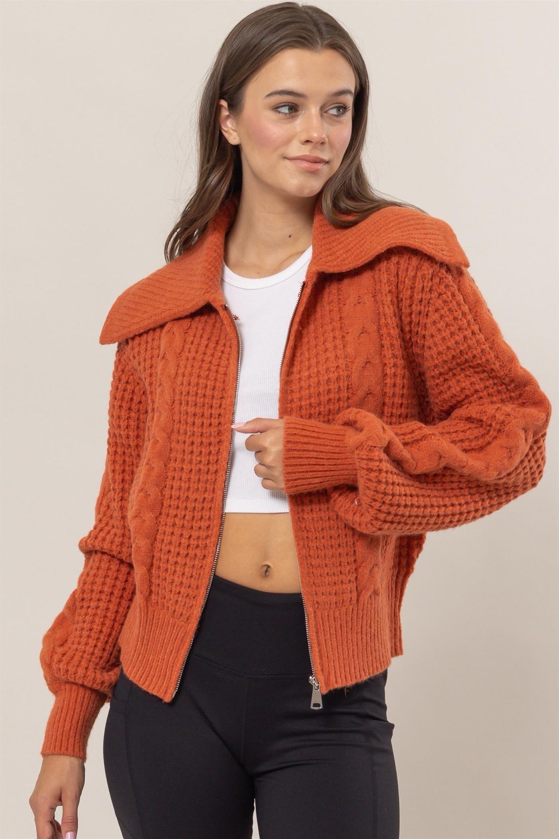 Chunky Front Zip Sweater in Rust