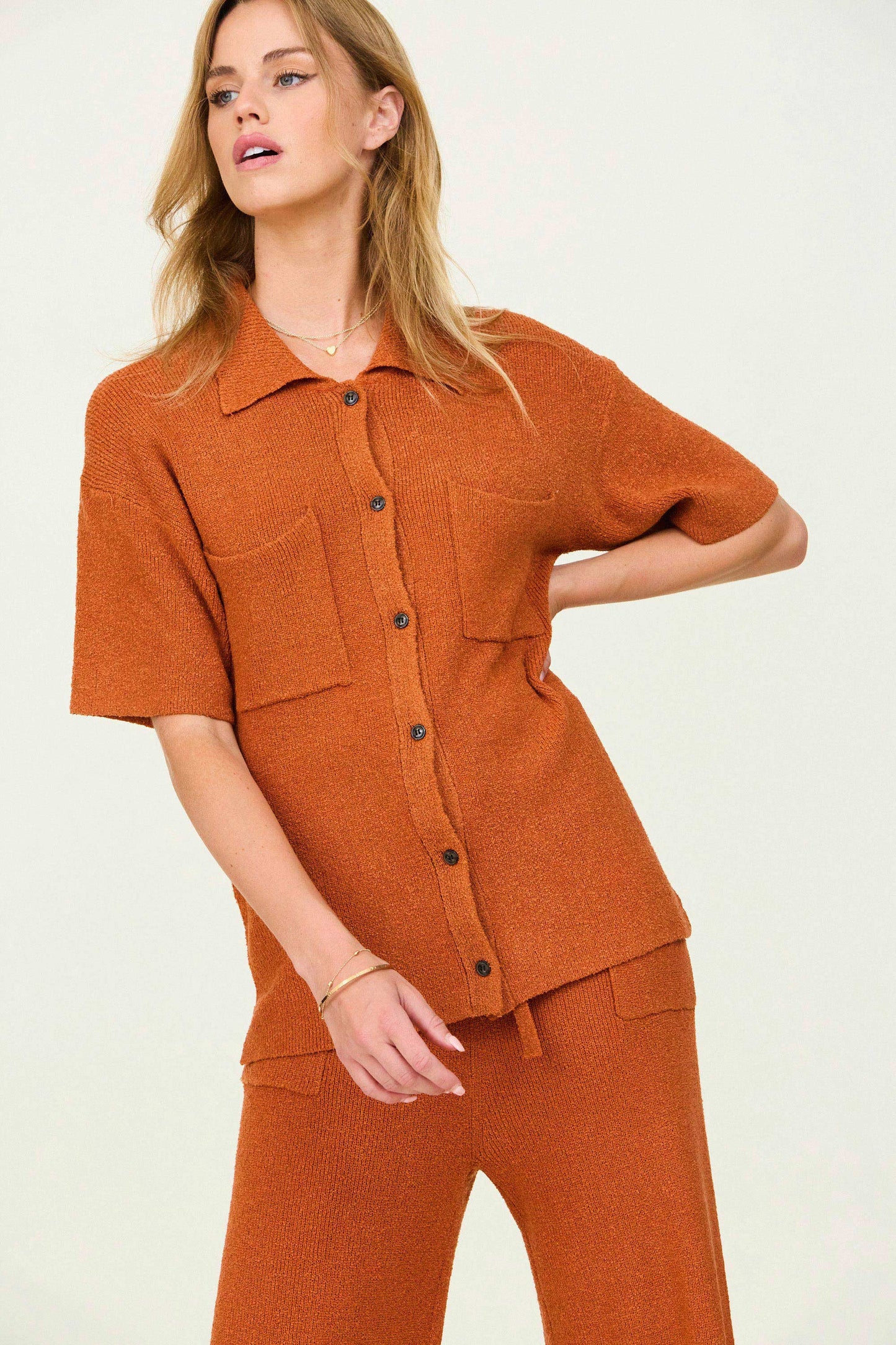 Button Down Collar Sweater in Ginger
