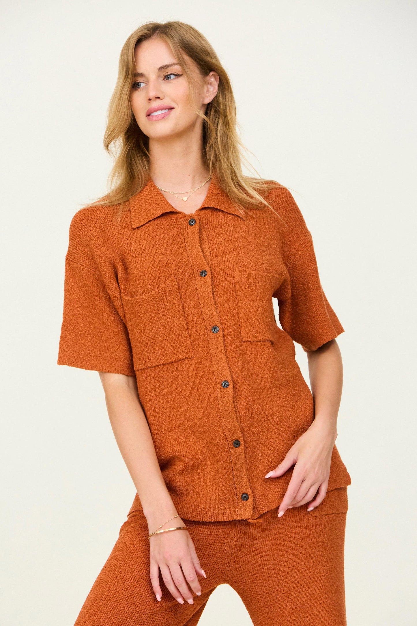 Button Down Collar Sweater in Ginger