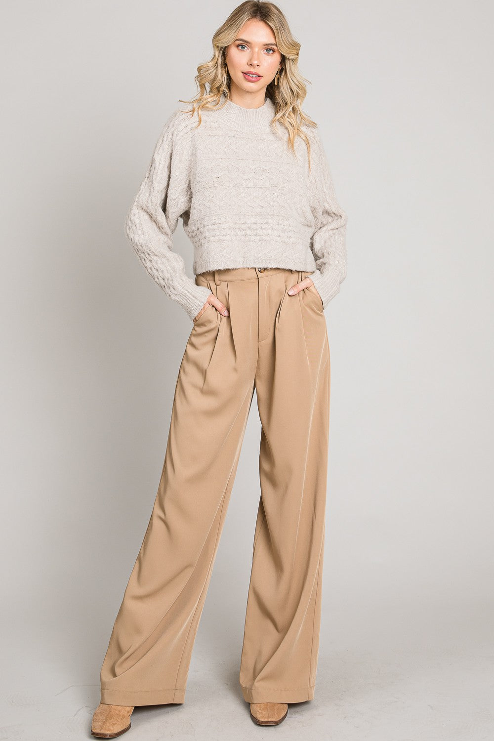 Cozy Cable Knit Cropped Sweater in Heather Oat