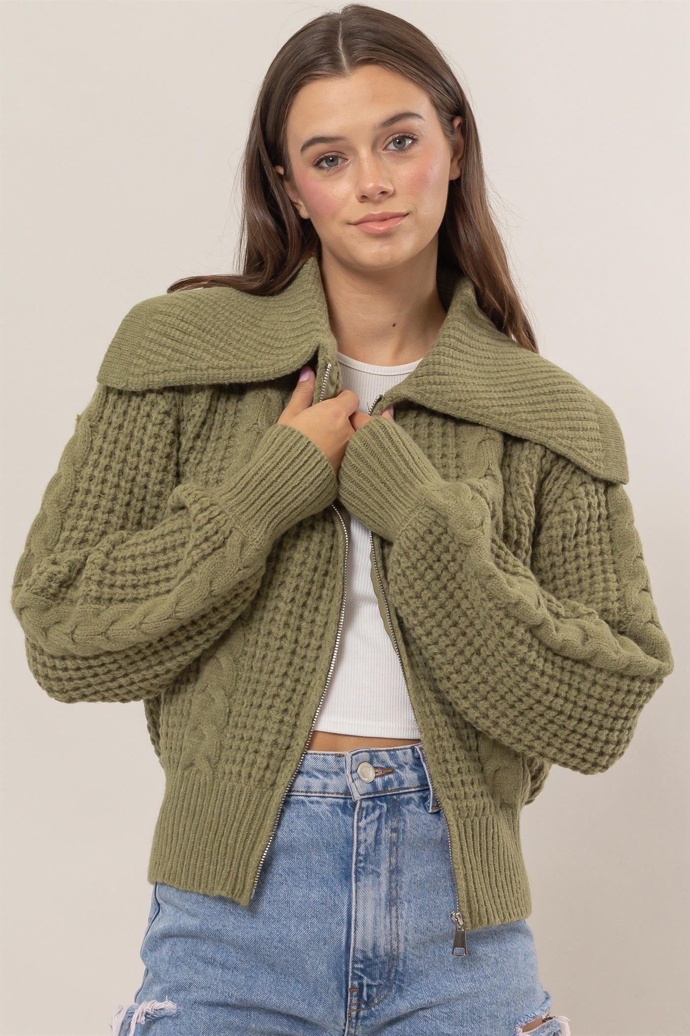 Chunky Front Zip Sweater Jacket in Olive