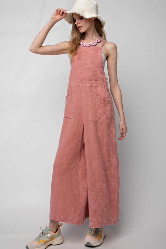 Vintage Washed Cotton Jumpsuit in Mauve Pink