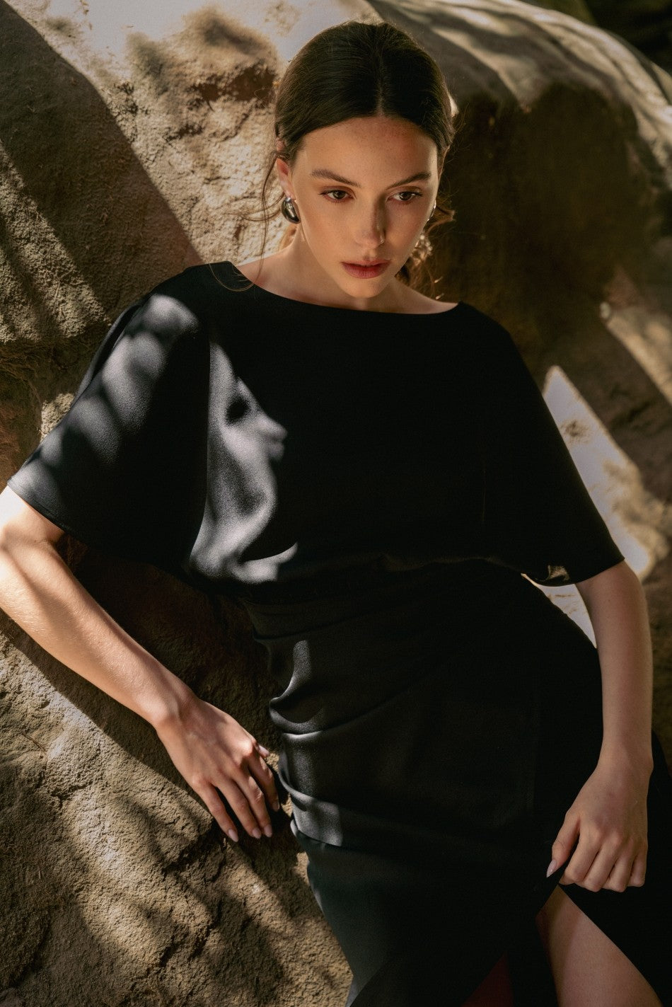 Satin Wrap Midi Dress in Black