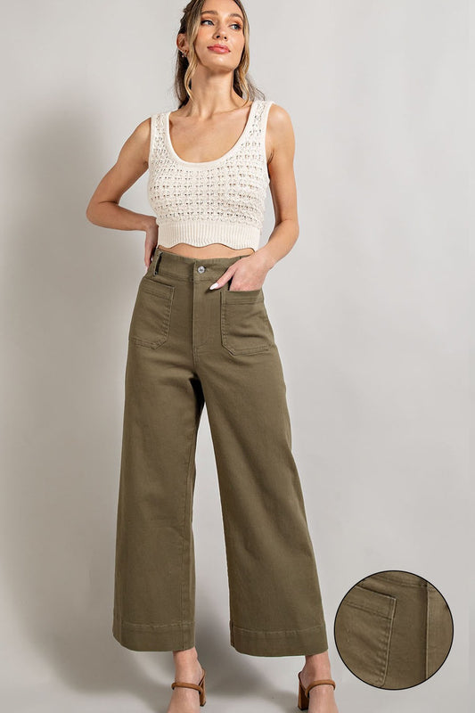 Curvy Soft Washed Wide Leg Pants in Olive