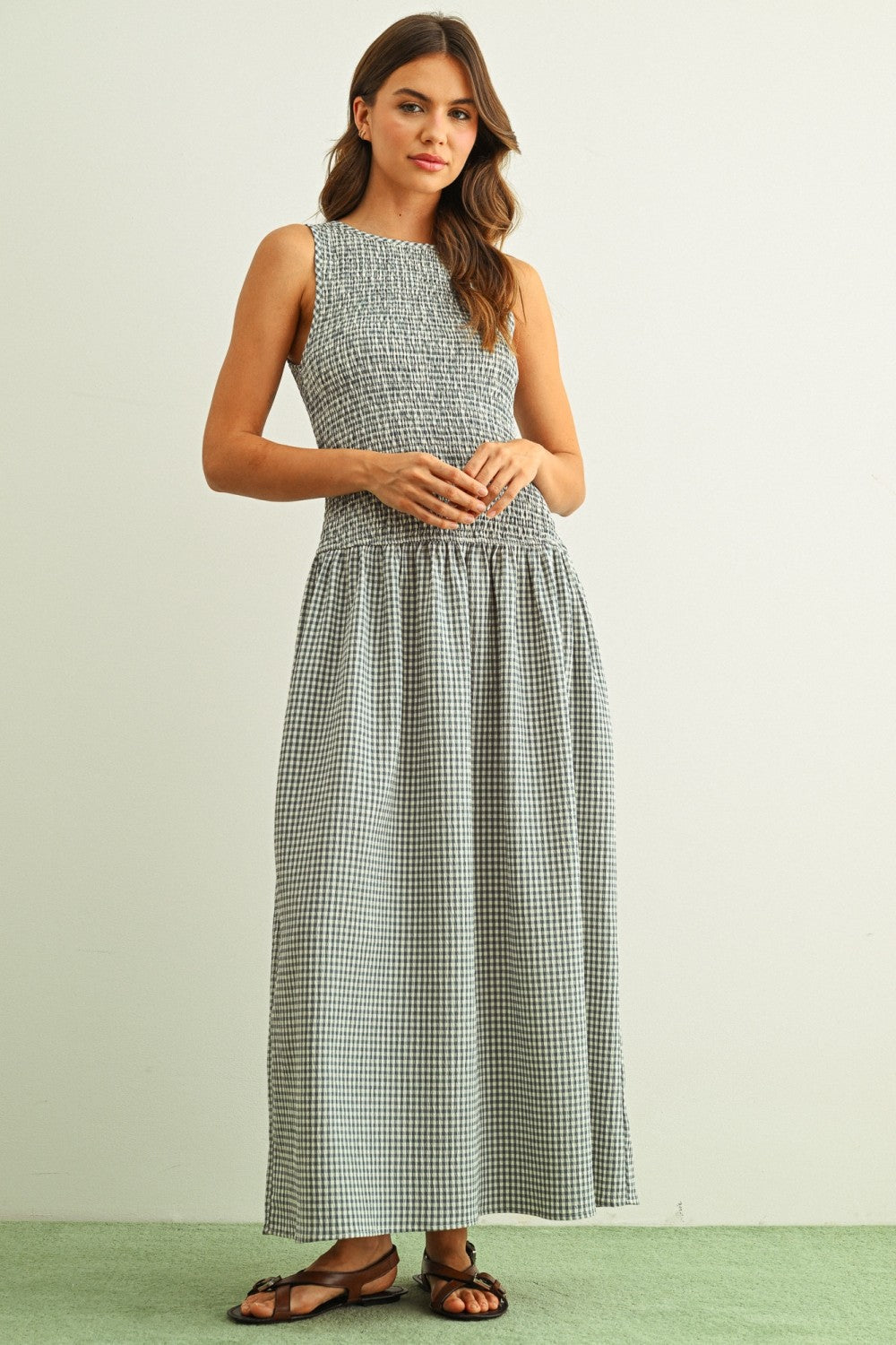 Long Smocked Bodice Maxi Dress in Blue