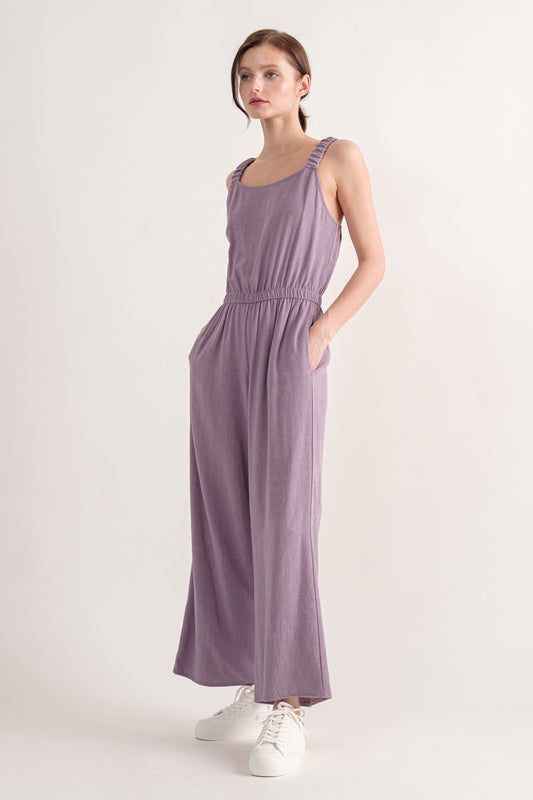 Linen Blend Elastic Strap Jumpsuit