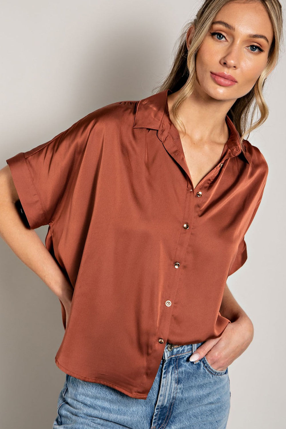 Satin Button up Top in Coco